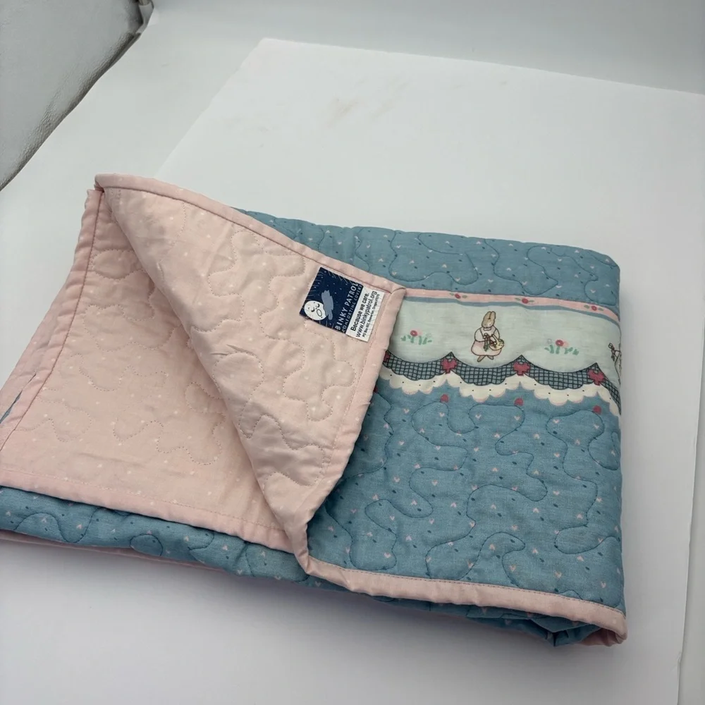 Adorable Pink and Baby Blue Quilted Bunny Trim Baby Blanket